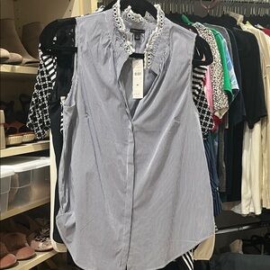 Ann Taylor Blue and White Striped Blouse with Eyelet Collar